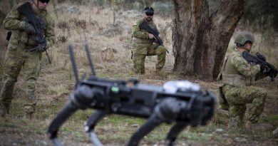 Sergeant Rana Chandan operates a Ghost Robotics quadruped robot using a novel brain-computer interface during a demonstration at Majura training area. Story and photo by Sergeant Matt Bickerton.