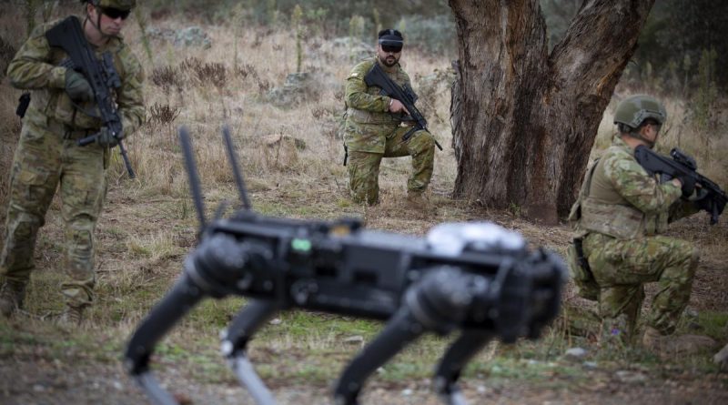 Sergeant Rana Chandan operates a Ghost Robotics quadruped robot using a novel brain-computer interface during a demonstration at Majura training area. Story and photo by Sergeant Matt Bickerton.