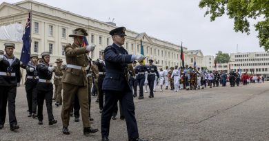 Officer in Command of Australia’s Federation Guard Squadron Leader Mitchell Brown leads the Australian contingent as part of The Queen's Platinum Jubilee Pageant, Sunday June 5, 2022 in London. Story by Lieutenant Anthony Martin. Photo by Leading Seaman Nada Harel.