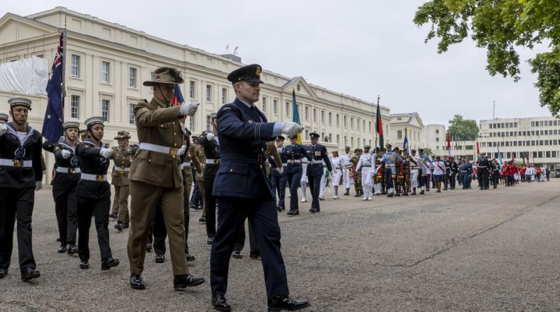 Officer in Command of Australia’s Federation Guard Squadron Leader Mitchell Brown leads the Australian contingent as part of The Queen's Platinum Jubilee Pageant, Sunday June 5, 2022 in London. Story by Lieutenant Anthony Martin. Photo by Leading Seaman Nada Harel.