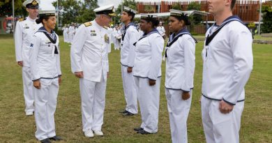 Deputy Chief of Navy Rear Admiral Christopher Smith inspects the Navy Indigenous Development Program graduates during their graduation parade at Munro Martin Parkland, Cairns. Story by Lieutenant Nancy Cotton . Photo by Able Seaman Susan Mossop.