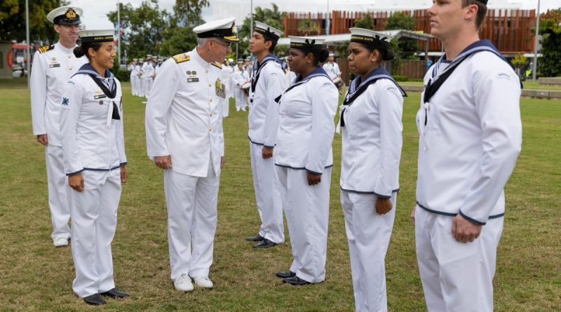 Deputy Chief of Navy Rear Admiral Christopher Smith inspects the Navy Indigenous Development Program graduates during their graduation parade at Munro Martin Parkland, Cairns. Story by Lieutenant Nancy Cotton . Photo by Able Seaman Susan Mossop.