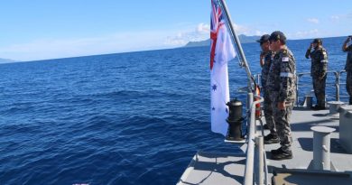 A memorial wreath is cast from HMAS Ararat’s quarterdeck over the final resting place of HMAS Canberra 1 near Savo Island, Solomon Islands.