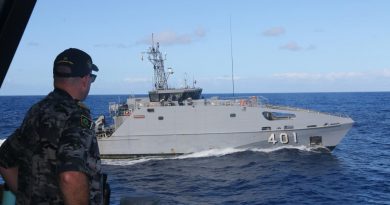 Commanding Officer HMAS Ararat Lieutenant Commander David Martinussen watches RFNS Savenaca complete a replenishment-at-sea approach during a combined patrol on Operation Solania 2022.