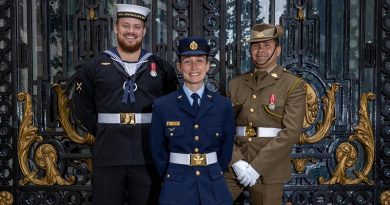 Able Seaman Zachary Duke, Leading Aircraftwoman Caylee Wallis and Private Wayne Fourmile from Australia’s Federation Guard at the Australian High Commission in London during preparation for The Queen’s Platinum Jubilee. Photo by Leading Seaman Nadav Harel.