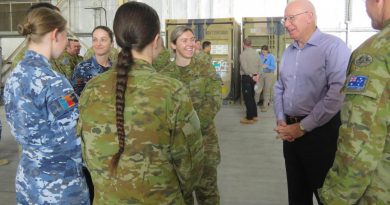 Governor-General General (retd) David Hurley speaks with deployed Australian personnel in the newly named Hurley’s Hangar at Camp Baird in the Middle East. Story and photo by Flight Lieutenant Madeline Edwards.