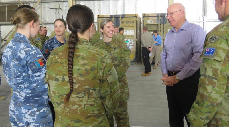 Governor-General General (retd) David Hurley speaks with deployed Australian personnel in the newly named Hurley’s Hangar at Camp Baird in the Middle East. Story and photo by Flight Lieutenant Madeline Edwards.