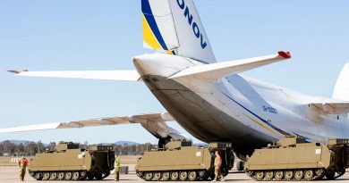 M113AS4 armoured personnel carriers bound for Ukraine wait to be loaded onto an Antonov An-124 cargo plane at RAAF Base Amberley, Queensland. Photo by Leading Aircraftwoman Emma Schwenke.