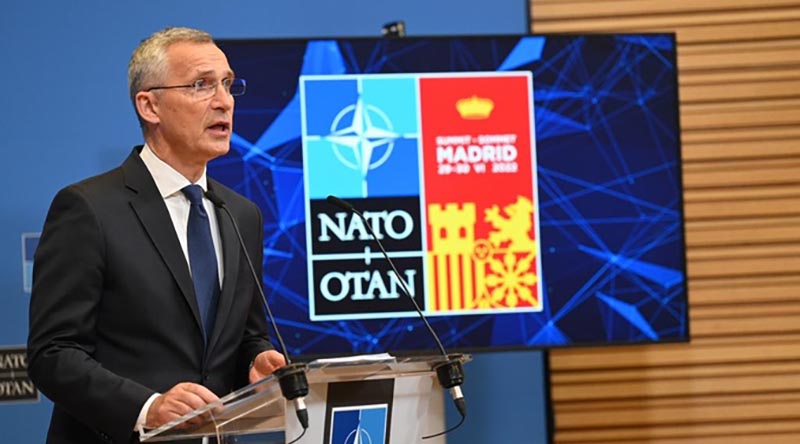 NATO Secretary General Jens Stoltenberg addresses media ahead of a NATO Summit in Brussels, 27 June 2022. NATO photo.
