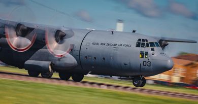 The Royal New Zealand Air Force Hercules that participated in the multi-national mission to support Ukraine’s self-defence departs Prize Norton, UK, for home. RAF photo.