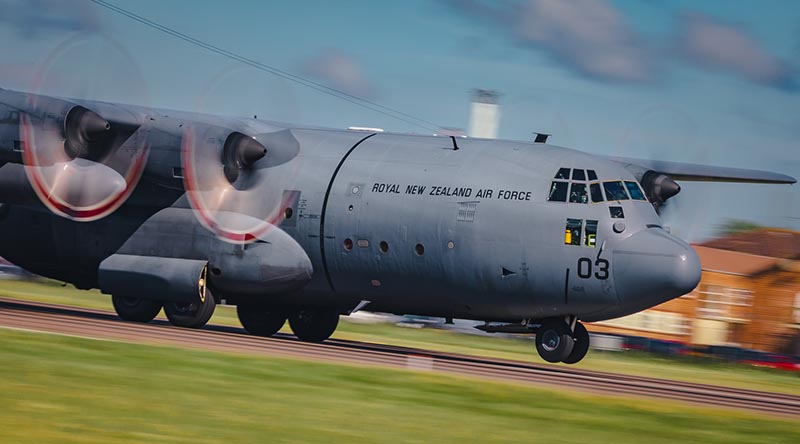 The Royal New Zealand Air Force Hercules that participated in the multi-national mission to support Ukraine’s self-defence departs Prize Norton, UK, for home. RAF photo.