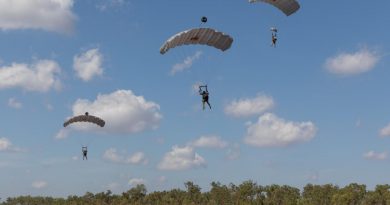 Combat controllers from No. 4 Squadron parachute into Mount Bundey training area in the Northern Territory during Exercise Diamond Storm. Story by Flying Officer Connor Bellhouse. Photo by Leading Aircraftman Sam Price.