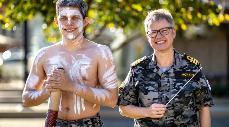 Navy's Inaugural Indigenous Cultural Performer, Able Seaman Aviation Support Lynton Robbins and the Director of Music-Navy, Commander Cassandra Mohapp at Garden Island Defence Precinct, Sydney. Story by Leading Seaman Jonathan Rendell. Photo by ABIS Susan Mossop.