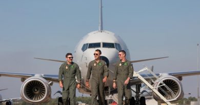 Airborne Electronics Analyst Corporal Sean Toogood, left, Pilot Flying Officer Isaac Stephenson and Airborne Electronics Analyst Corporal Thomas Inslay, from No. 11 Squadron, at RAAF Base Darwin. Story by Flight Lieutenant Robert Hodgson. Photo by Leading Aircraftman Sam Price.