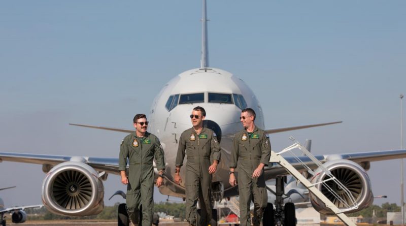 Airborne Electronics Analyst Corporal Sean Toogood, left, Pilot Flying Officer Isaac Stephenson and Airborne Electronics Analyst Corporal Thomas Inslay, from No. 11 Squadron, at RAAF Base Darwin. Story by Flight Lieutenant Robert Hodgson. Photo by Leading Aircraftman Sam Price.