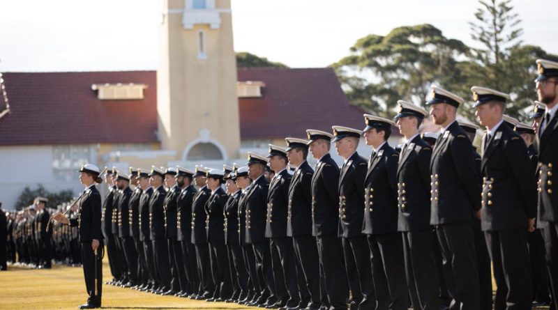 Members of New Entry Officers' Course 66 stand at attention during their graduation ceremony at HMAS Creswell. Story by Lieutenant Yvette Goldberg. Photo by Leading Seaman Ryan Tascas.