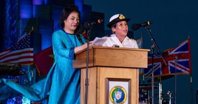 Royal Australian Navy Maritime Human Resources Officer Lieutenant Vicky Nguyen, right, acts as Master of Ceremonies during the Pacific Partnership 2022 opening ceremony. Story by Captain Lily Charles. Photo supplied.