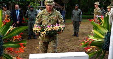 Australian Defence Force officer Lieutenant Colonel Tim Warner lays a wreath during Fiji's Infantry Day commemoration service at Vilu War Memorial, Solomon Islands. Story and photo by Corporal Julia Whitwell.