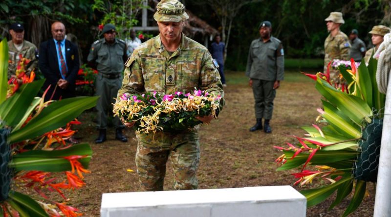Australian Defence Force officer Lieutenant Colonel Tim Warner lays a wreath during Fiji's Infantry Day commemoration service at Vilu War Memorial, Solomon Islands. Story and photo by Corporal Julia Whitwell.