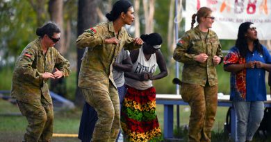 Australian Army soldiers join members of the Gapuwiyak community in performing traditional dances during the Army Aboriginal Community Assistance Program 2022 Opening Ceremony in Gapuwiyak, Northern Territory. Story by Captain Evita Ryan. Photo by Corporal Lucas Petersen.