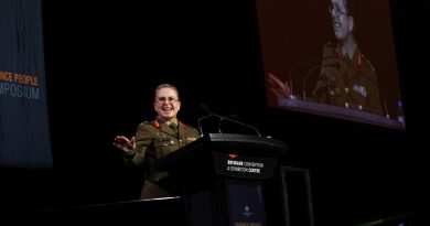 Deputy Chief of Army Major General Natasha Fox addresses the Defence People Symposium at the Brisbane Convention and Exhibition Centre. Story and photo by Warrant Officer Class Two Max Bree.
