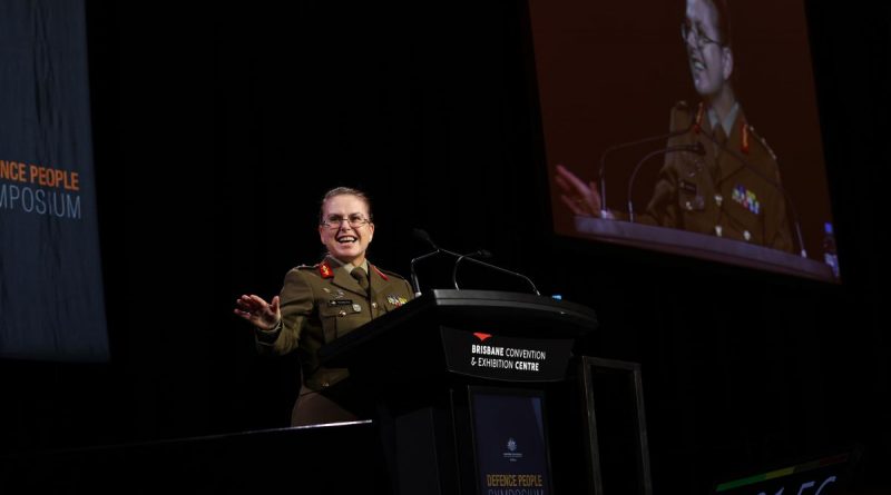 Deputy Chief of Army Major General Natasha Fox addresses the Defence People Symposium at the Brisbane Convention and Exhibition Centre. Story and photo by Warrant Officer Class Two Max Bree.
