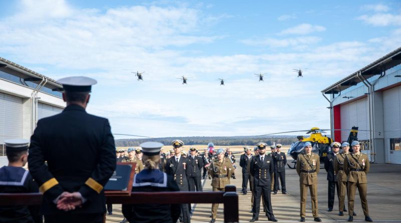 Royal Australian Navy EC-135 Aircraft from 723 Squadron conduct a fly past during the 723 Squadron Graduation Ceremony held at HMAS Albatross in Nowra. Story by Sub Lieutenant Jess Gould. Photo by Leading Seaman Ryan Tascas .