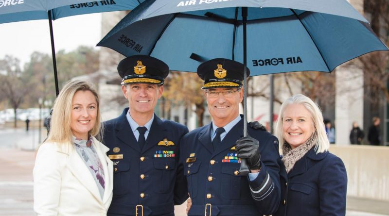 Outgoing Chief of Air Force, Air Marshal Mel Hupfeld, and wife Mrs Louise Hupfeld, right, with Air Marshal Robert Chipman, and wife Mrs Alyce Chipman at the Change of Command ceremony. Story by Flight Lieutenant Jessica Aldred. Photo by Leading Aircraftman Adam Abela.
