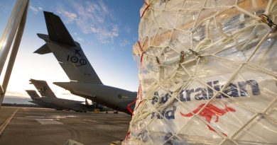 Humanitarian Aid and Disaster Relief stores ready to be loaded on to a No. 36 Squadron C-17A Globemaster bound for Fiji from RAAF Base Amberley.