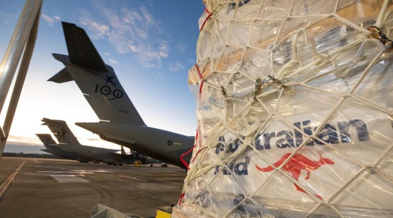 Humanitarian Aid and Disaster Relief stores ready to be loaded on to a No. 36 Squadron C-17A Globemaster bound for Fiji from RAAF Base Amberley.