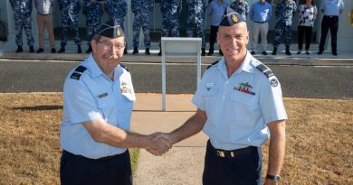 Air Commodore Christopher "Noddy" Sawade, left, with Air Commodore Michael "Micka" Gray at the Air Show Team Handover Ceremony at RAAF Base Darwin. Story by Flight Lieutenant Marina Power. Photo by Sergeant Pete Gammie.
