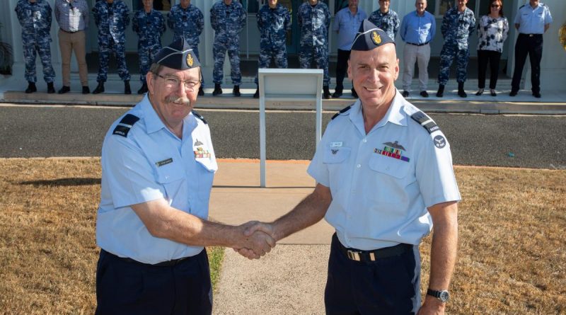 Air Commodore Christopher "Noddy" Sawade, left, with Air Commodore Michael "Micka" Gray at the Air Show Team Handover Ceremony at RAAF Base Darwin. Story by Flight Lieutenant Marina Power. Photo by Sergeant Pete Gammie.