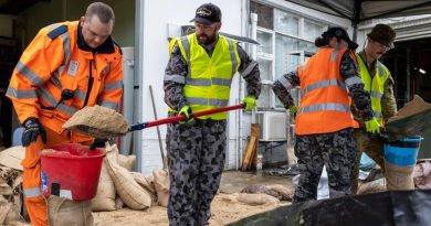 State Emergency Service and Royal Australian Navy and Australian Army personnel from Joint Task Force 629 conduct sandbagging at the Mount Druitt State Emergency Service depot to assist in the flood response efforts in New South Wales.