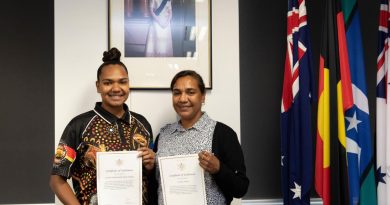 Mother and daughter duo, Scartisha Ningella, left, and Lucielle Jimbidie, at the Pilbara Regiment enlistment ceremony at Defence Force Recruiting in Perth. Story by Peta Magorian. Photo by Corporal Nakia Chapman.