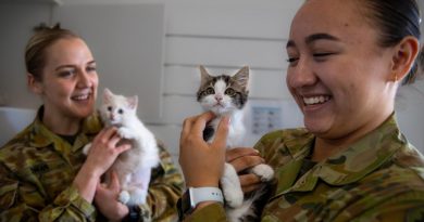 Corporal Jess Dwan and Private Rebecca Rice cuddle rescue kittens Snowy and Dotty at the Sydney Cats and Dogs Home in Strathfield. Story and photo by Captain Annie Richardson.