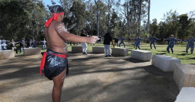 Lyric from the Nunukul Yuggera Dance Troupe leads the members and guests in a traditional dance at the opening of the Amberley Indigenous Cultural Precinct. Story by Flying Officer Greg Hinks. Photo by Corporal Brett Sherriff.