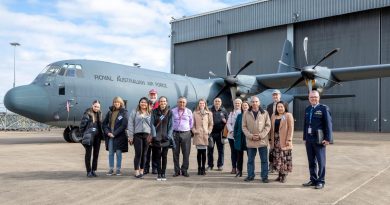 Participants of the Australian Industry Defence Network in front of a C-130J Hercules during a visit to RAAF Base Richmond. Story by Eamon Hamilton. Photo by Corporal Dan Pinhorn.