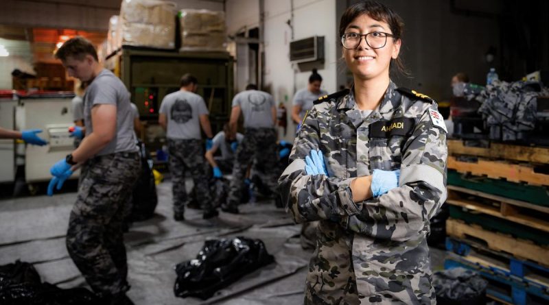 Environmental officer Lieutenant Somaia Ahmadi supervises environmental garbage sorting on HMAS Canberra during Exercise Rim of the Pacific 2022. Story by Lieutenant Nancy Cotton. Photo by Leading Seaman Matthew Lyall.