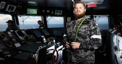 Sub Lieutenant Thomas Watson keeps watch on the bridge of HMAS Canberra during Exercise RIMPAC 2022. Story by Lieutenant Nancy Cotton. Photo by Leading Seaman Matthew Lyall.