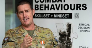 Warrant Officer Class Two Stuart Camac briefed 7th Brigade on his rotation to Egypt after being presented the Multinational Force and Observers Medal as he was farewelled from 26 years full time service. Story and photo by Major Roger Brennan.