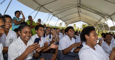 Teachers and students of Lekutu Secondary School during the official handover ceremony to celebrate the completion of the reconstruction project in Vanua Levu, Fiji on July 21. Story by Captain Sarah Kelly. Photo by Corporal Lisa Sherman.