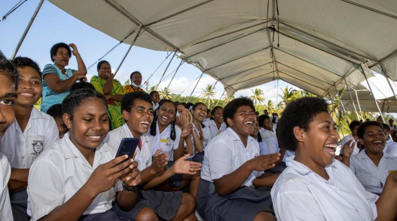 Teachers and students of Lekutu Secondary School during the official handover ceremony to celebrate the completion of the reconstruction project in Vanua Levu, Fiji on July 21. Story by Captain Sarah Kelly. Photo by Corporal Lisa Sherman.