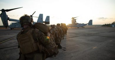 US Marines with 3d Battalion, 7th Marine Regiment, Ground Combat Element, Marine Rotational Force – Darwin load an MV-22 Osprey during an airfield seizure event at RAAF Base Darwin as part of Exercise Koolendong 2022. Story by Lieutenant Gordon Carr-Gregg. Photo by Corporal Cedar Barnes.