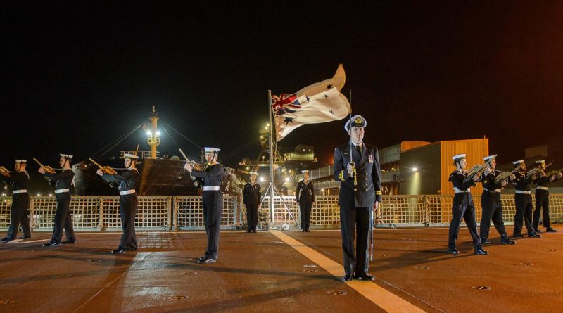 HMAS Stalwart's ceremonial guard conducts a ceremonial sunset at the ship's official reception during its inaugural port visit to Geraldton, Western Australia. Story by Lieutenant Gary McHugh. Photo by Sergeant Gary Dixon.