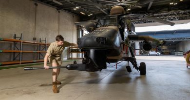 Craftsman Cameron Powell moves the 30mm cannon on a Tiger armed reconnaissance helicopter at Robertson Barracks in Darwin. Story by Captain Carolyn Barnett. Photo by Corporal Rodrigo Villablanca.