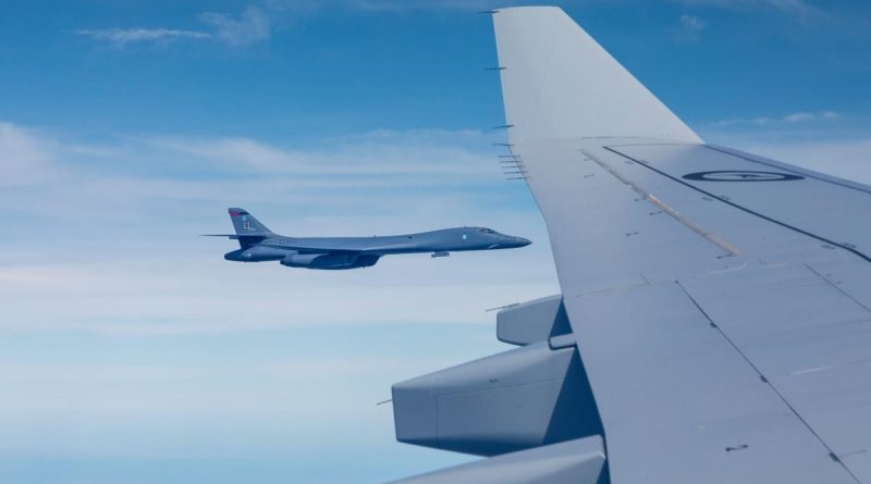 A United States Air Force B-1B Lancer bomber aircraft prepares to refuel from a KC-30A Multi-Role Tanker Transport aircraft over the Northern Territory. Story by Flight Lieutenant Dee Irwin and Flight Lieutenant Marina Power. Photo by Leading Aircraftman Samuel Miller.