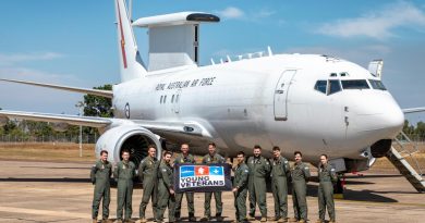 Personnel from No. 2 Squadron, supporting Young Veterans at RAAF Base Darwin during Exercise Diamond Storm, stand in front of an E-7A Wedgetail. This image has been digitally altered. Story by Flight Lieutenant Claire Burnet. Photo by Leading Aircraftman Samuel Miller.