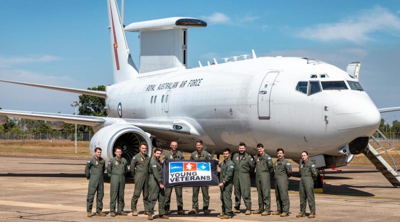 Personnel from No. 2 Squadron, supporting Young Veterans at RAAF Base Darwin during Exercise Diamond Storm, stand in front of an E-7A Wedgetail. This image has been digitally altered. Story by Flight Lieutenant Claire Burnet. Photo by Leading Aircraftman Samuel Miller.