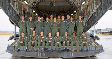 Participants in the 2022 Air Force Women in Aviation Program and their guides on the ramp of a C-17A Globemaster at RAAF Base Amberley. Story by Corporal Melina Young. Photo by Corporal Brett Sherriff.