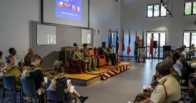 Commander of the 7th Combat Brigade, Brigadier Michael Say, addresses Republic of Fiji Military Forces Colonel Gadai and members of Exercise Longreach 2022 at Blackrock Camp, Fji on 19 July 2022. Story by Captain Sarah Kelly. Photo by Corporal Lisa Sherman.